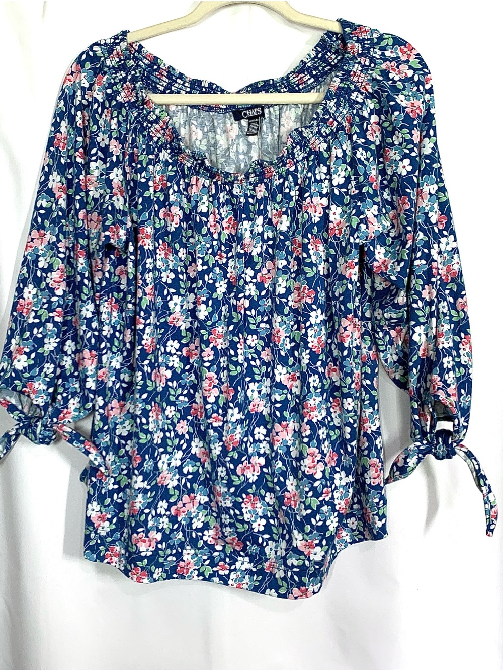 Chaps Navy Floral Peasant Blouse - Pink & White Blooms